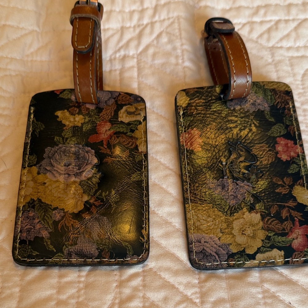 Floral Leather Luggage Tags - Black Background with Multicolor Flowers